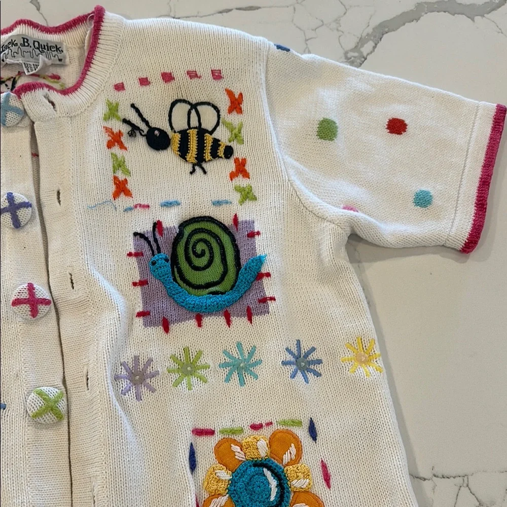 Vintage White Short Sleeve Cardigan Sweater Colorful Insects 🐞 🐌 🦋 🐝 🕷️ 🌻 - Picture 4 of 16